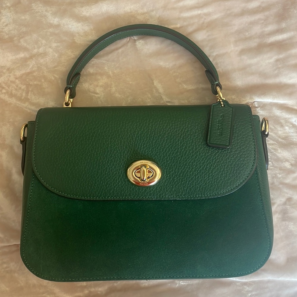 NWOT Coach bag. Green top handle with crossbody. Suede and pebbled leather